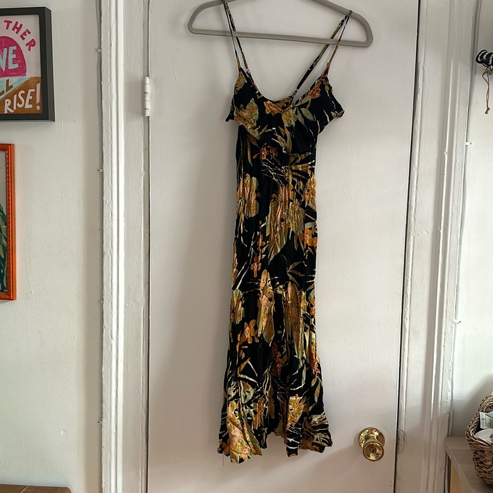 Tropical print black mini dress